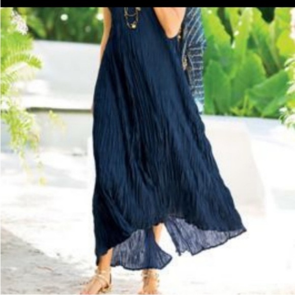 Soft Surroundings La Paz Black Crinkle Maxi Dress L Pleated Crinkle Vacation - Picture 5 of 16